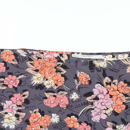 Zara Womens Grey Floral Polyester Basic T-Shirt Size M Boat Neck