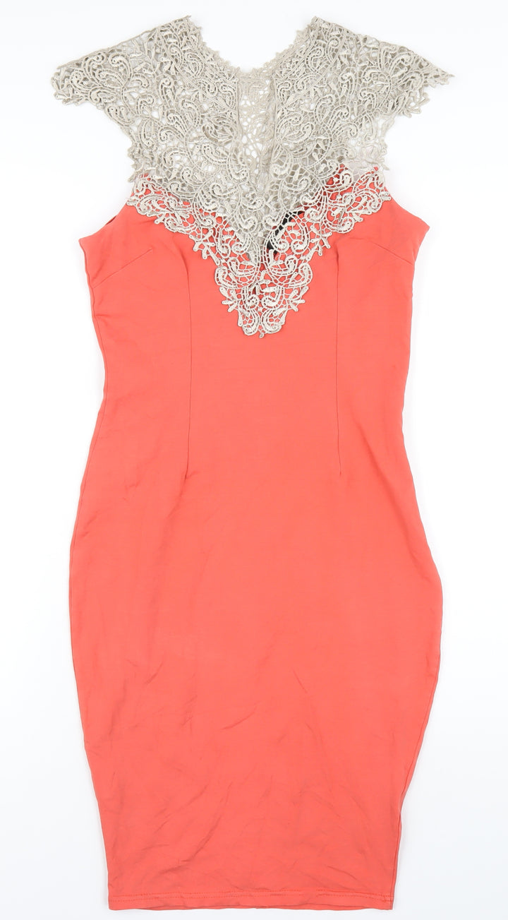 AX Paris Womens Orange Viscose Bodycon Size 12 V-Neck Zip