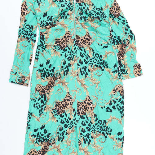 Sosandar Womens Green Geometric Viscose A-Line Size 10 V-Neck Zip