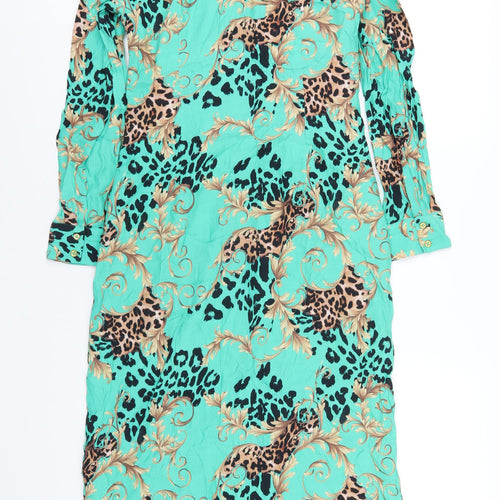 Sosandar Womens Green Geometric Viscose A-Line Size 10 V-Neck Zip