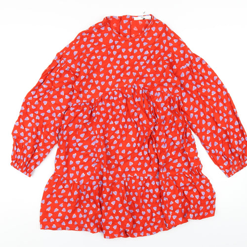 Marks and Spencer Girls Red Geometric Viscose A-Line Size 11-12 Years Round Neck Zip