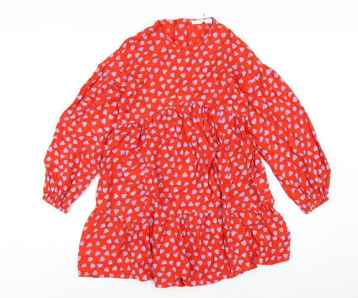 Marks and Spencer Girls Red Geometric Viscose A-Line Size 11-12 Years Round Neck Zip