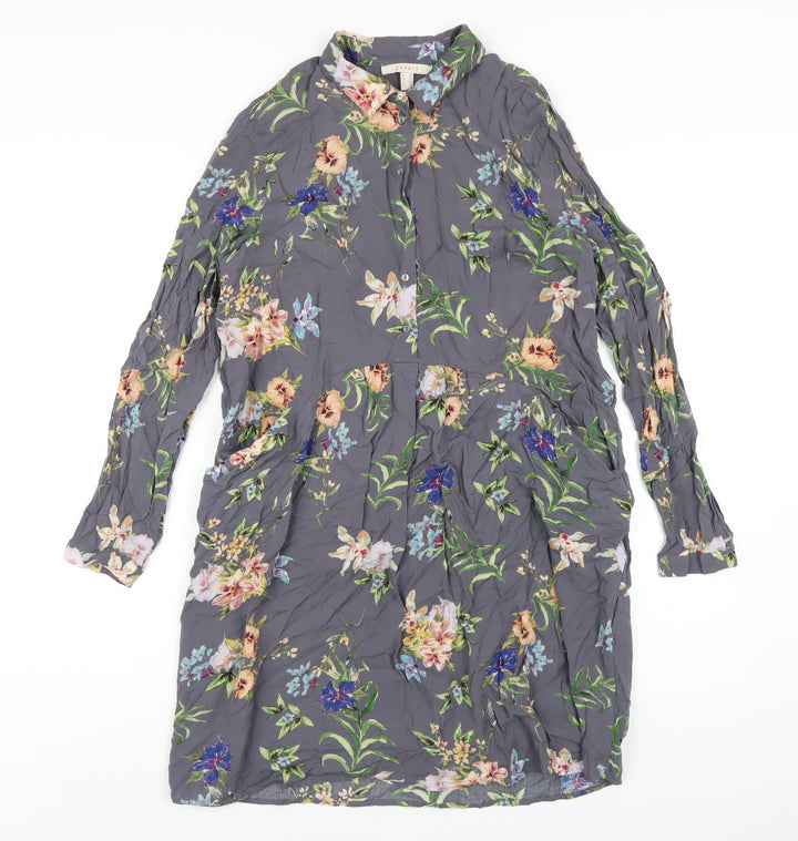 Esprit Womens Grey Floral Viscose Shirt Dress Size 10 Collared Button