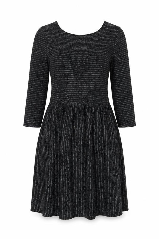 Front view of Goldie women’s black polyester a-line, size M, boat neck pullover