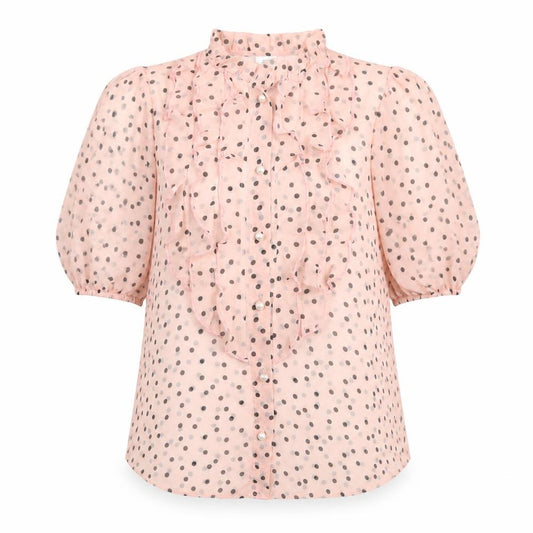 Front view of River Island women’s pink polka dot polyester basic button-up, size UK 8, mock neck