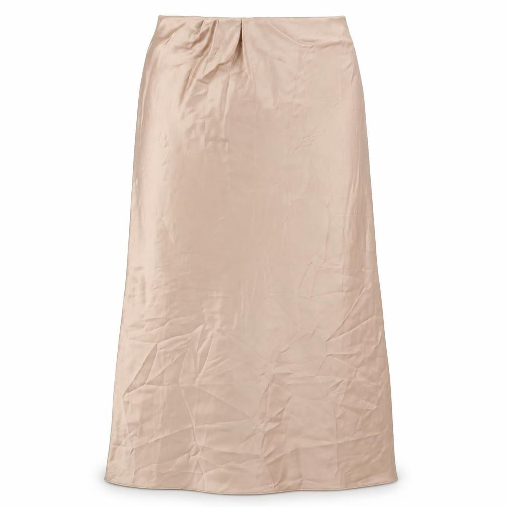 Front view of Warehouse women’s beige polyester a-line skirt, size UK 10
