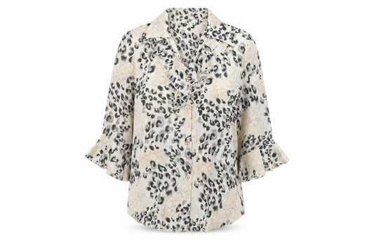 Front view of Saloos women’s beige geometric polyester basic button-up, size UK 12, v-neck