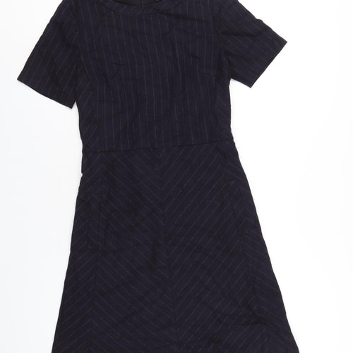 NEXT Womens Blue Striped Polyester A-Line Size 8 Round Neck Zip