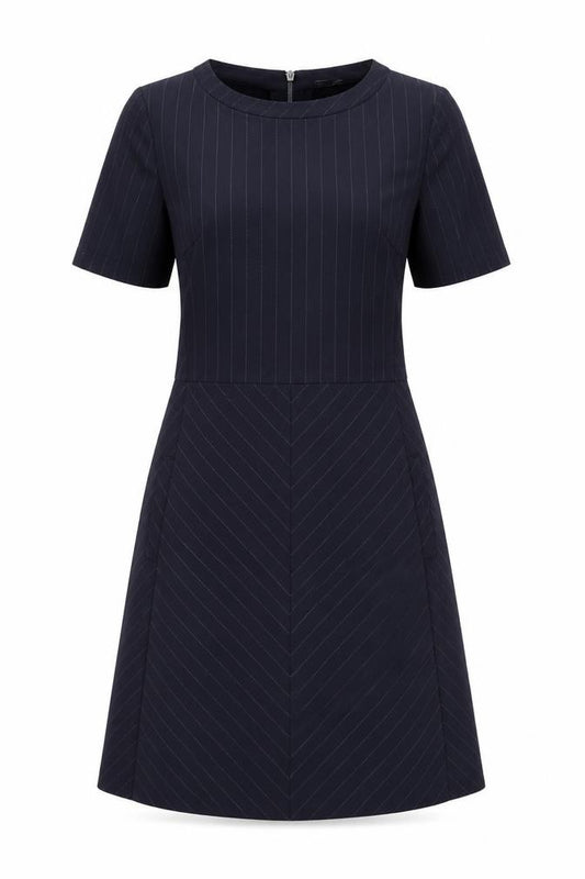 Front view of Next women’s blue striped polyester a-line, size UK 8, round neck zip