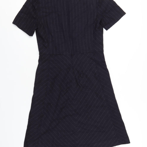 NEXT Womens Blue Striped Polyester A-Line Size 8 Round Neck Zip