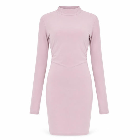 Front view of PRETTYLITTLETHING women’s pink polyester bodycon, size UK 8, mock neck pullover