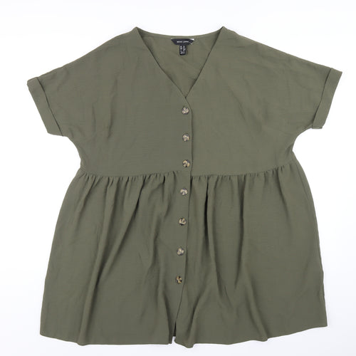 New Look Womens Green Polyester Trapeze & Swing Size 12 V-Neck Button