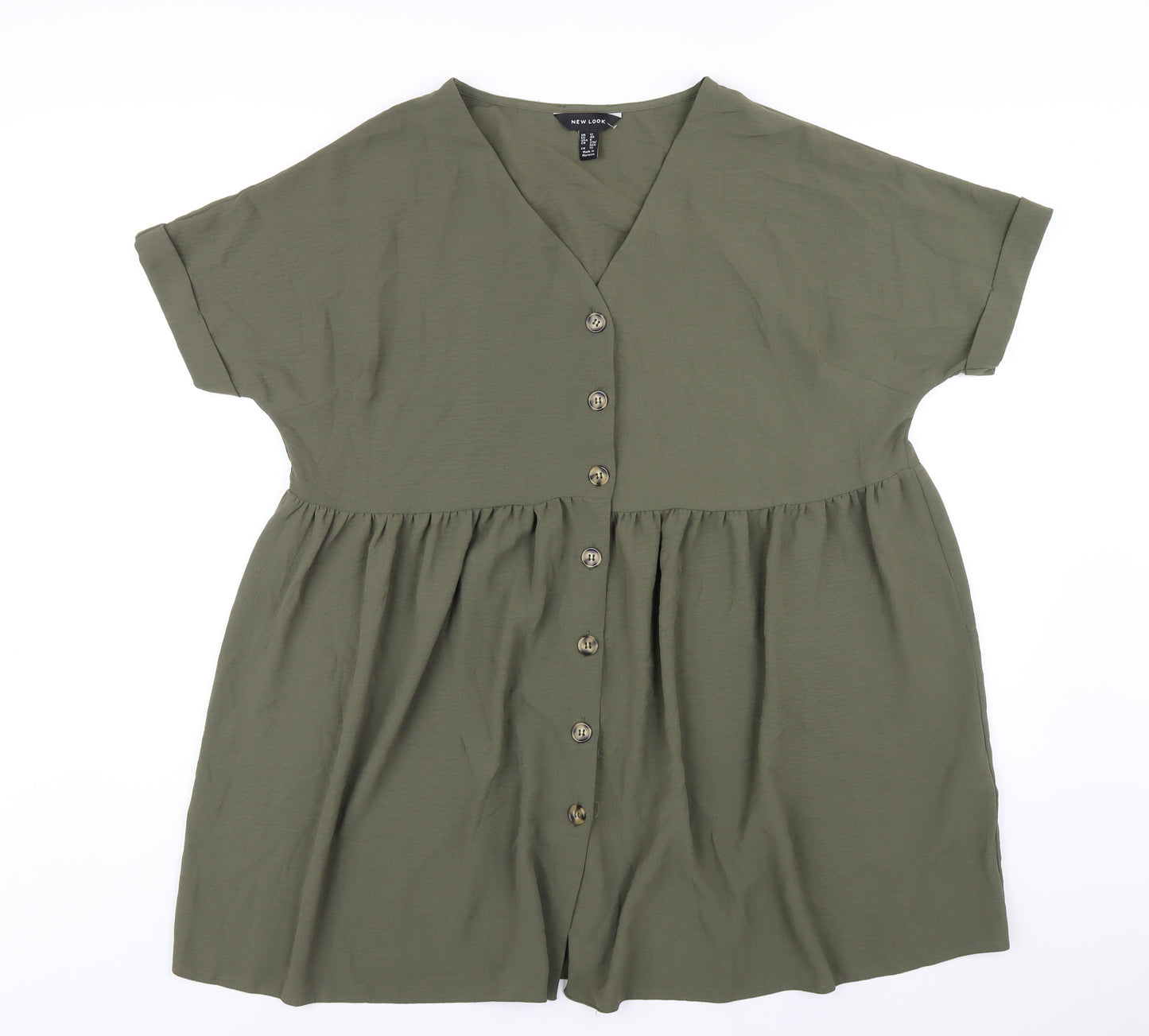 New Look Womens Green Polyester Trapeze & Swing Size 12 V-Neck Button