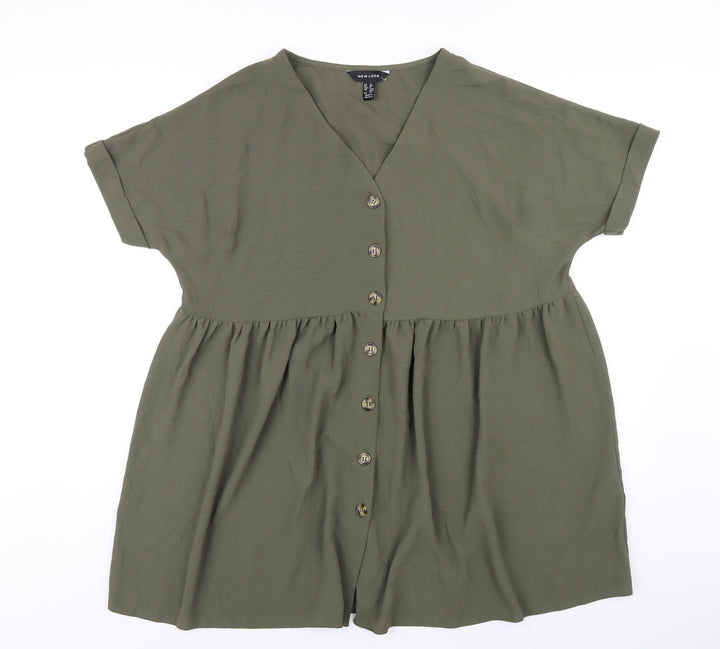New Look Womens Green Polyester Trapeze & Swing Size 12 V-Neck Button