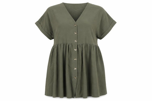 Front view of New Look women’s green polyester trapeze & swing, size UK 12, v-neck button