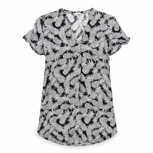 Front view of H&M women’s black geometric viscose a-line, size UK 10, v-neck pullover