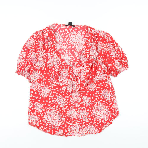 New Look Womens Red Floral Viscose Basic T-Shirt Size 10 V-Neck