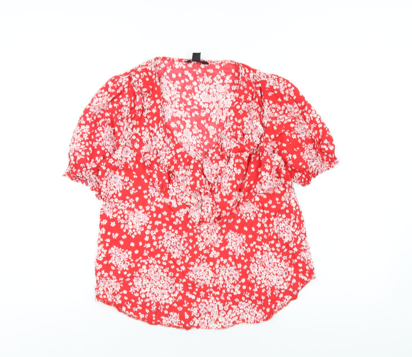 New Look Womens Red Floral Viscose Basic T-Shirt Size 10 V-Neck