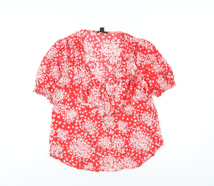 New Look Womens Red Floral Viscose Basic T-Shirt Size 10 V-Neck