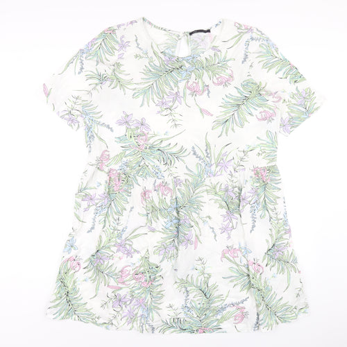Marks and Spencer Womens White Geometric Cotton A-Line Size 16 Round Neck Button