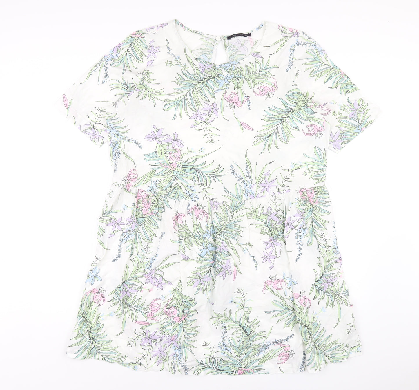 Marks and Spencer Womens White Geometric Cotton A-Line Size 16 Round Neck Button