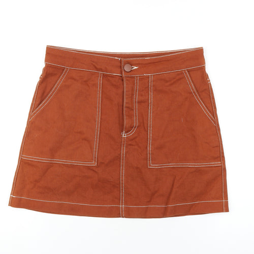 Zara Womens Brown Cotton A-Line Skirt Size M Zip