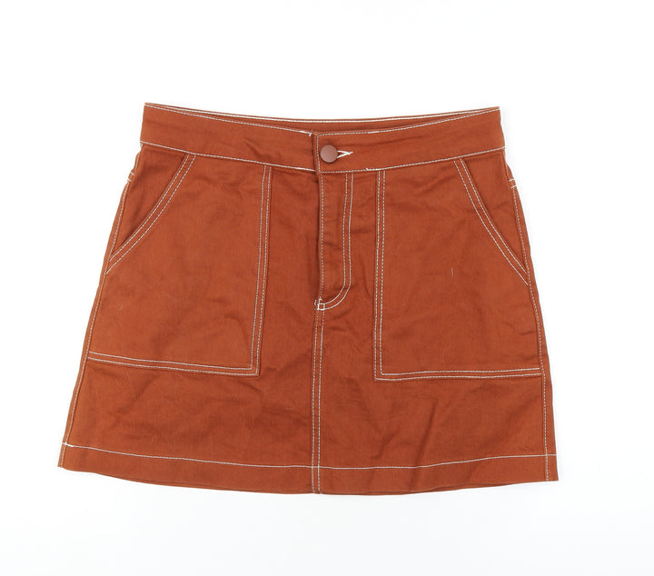 Zara Womens Brown Cotton A-Line Skirt Size M Zip