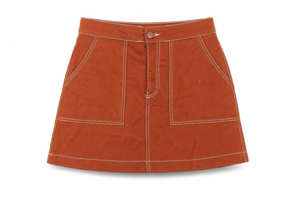 Front view of Zara women’s brown cotton a-line skirt, size M, zip
