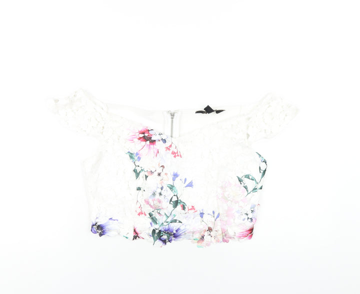 Lipsy Womens White Polyester Cropped T-Shirt Size 16 Off the Shoulder