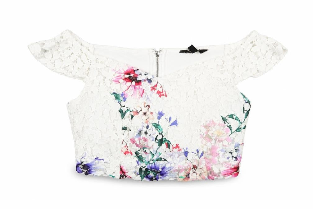Lipsy Womens White Polyester Cropped T-Shirt Size 16 Off the Shoulder