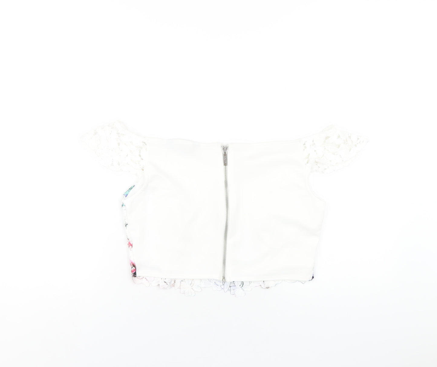 Lipsy Womens White Polyester Cropped T-Shirt Size 16 Off the Shoulder