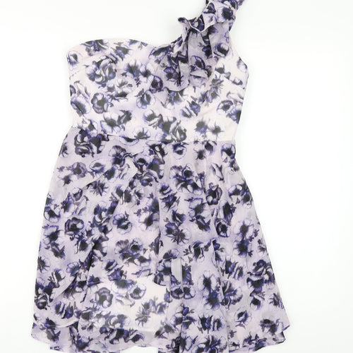 Topshop Womens Purple Geometric Polyester A-Line Size 10 One Shoulder Zip