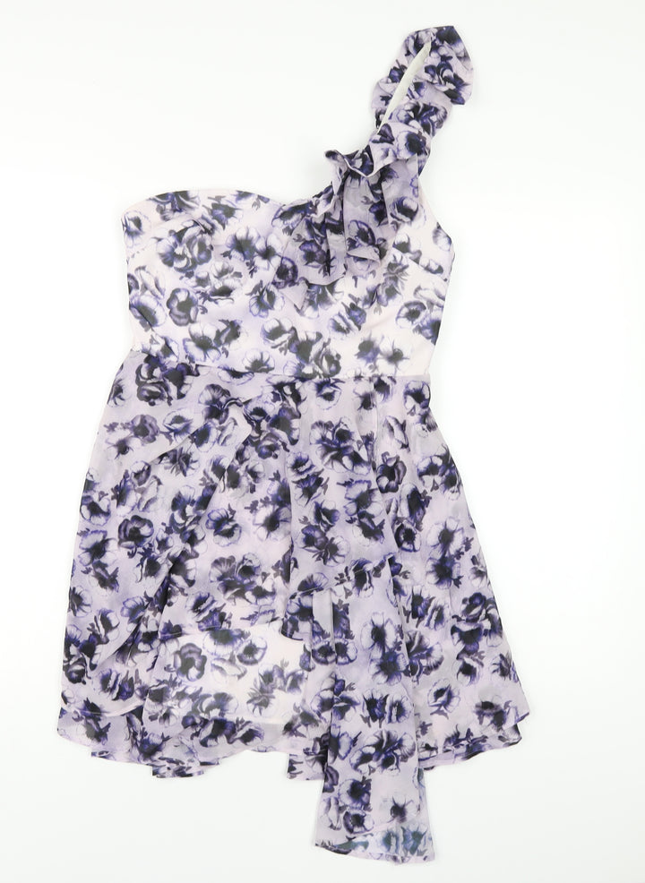 Topshop Womens Purple Geometric Polyester A-Line Size 10 One Shoulder Zip