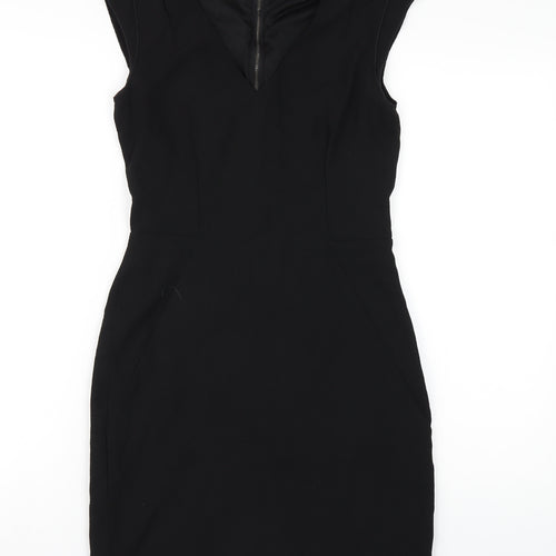 H&M Womens Black Polyester Pencil Dress Size 8 V-Neck Zip