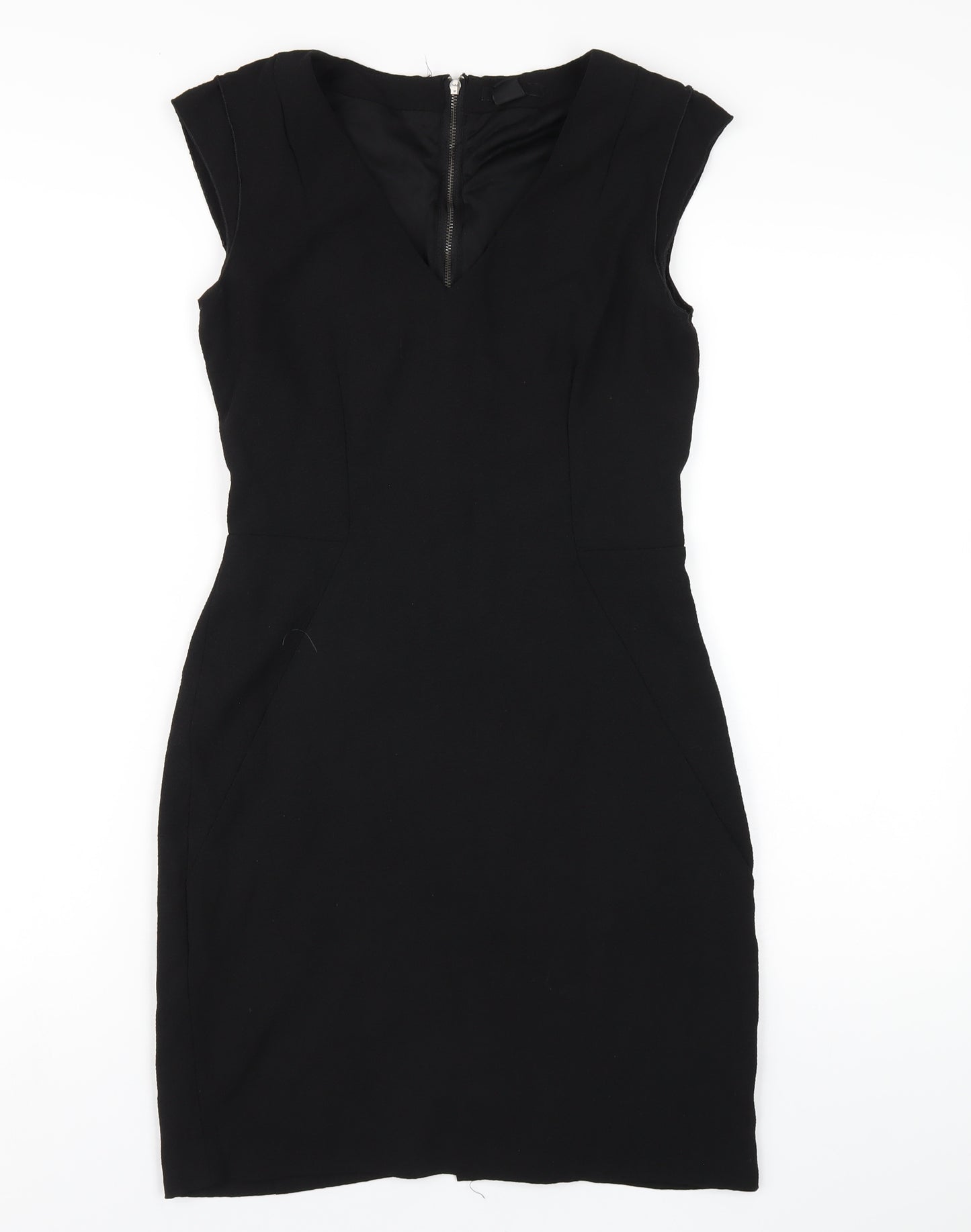 H&M Womens Black Polyester Pencil Dress Size 8 V-Neck Zip