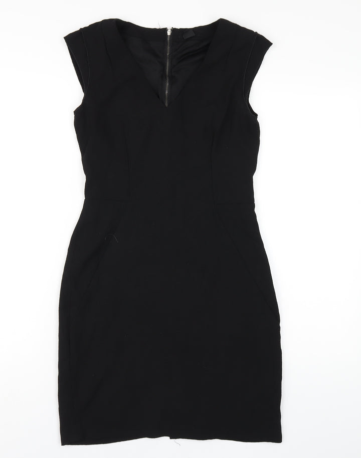 H&M Womens Black Polyester Pencil Dress Size 8 V-Neck Zip