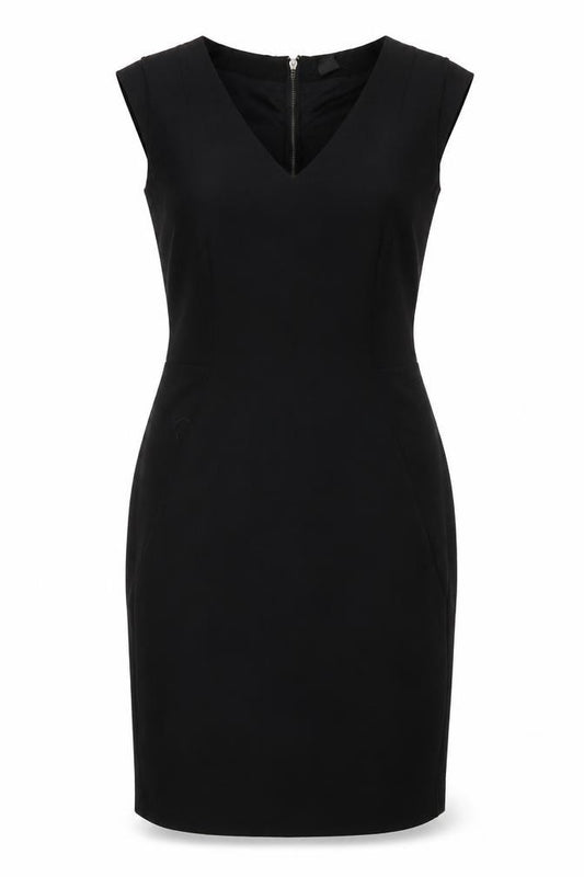 Front view of H&M women’s black polyester pencil dress, size UK 8, v-neck zip