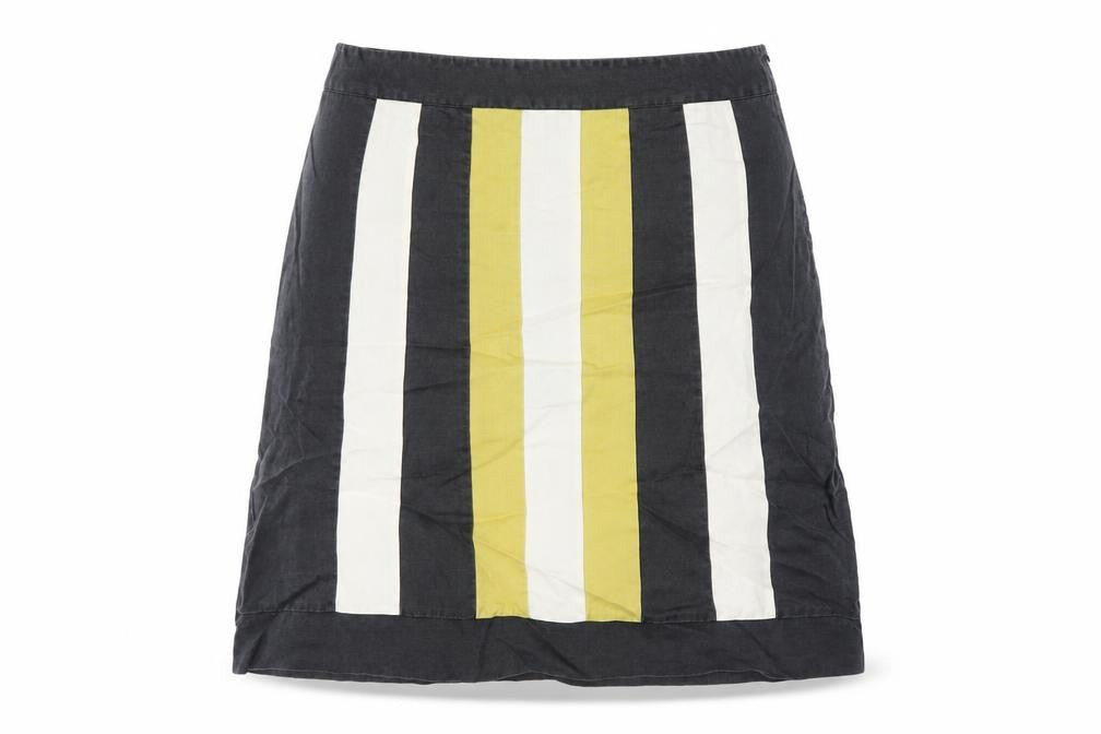 Front view of Principles women’s multicoloured striped ramie a-line skirt, size UK 16, zip