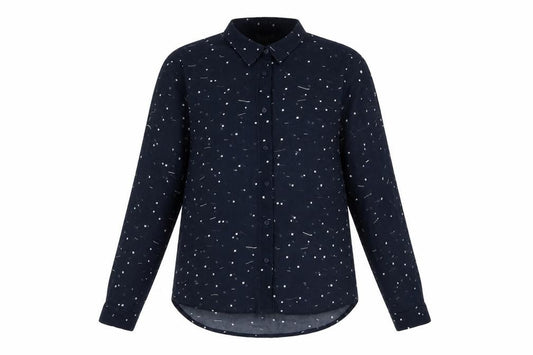 Front view of ICHI women’s blue geometric polyester basic button-up, size UK 8, collared