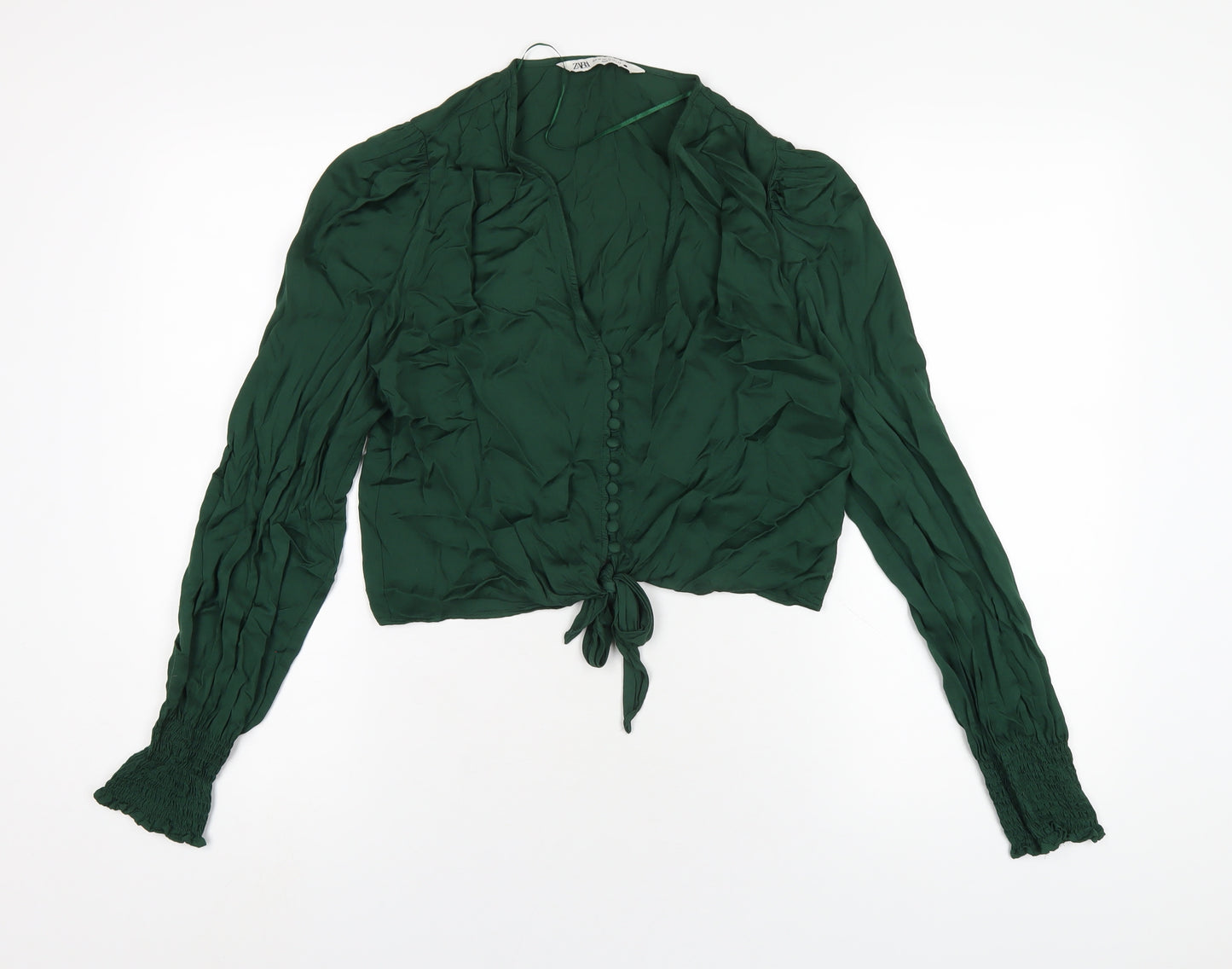 Zara Womens Green Viscose Cropped Blouse Size XS V-Neck
