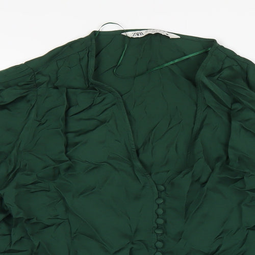 Zara Womens Green Viscose Cropped Blouse Size XS V-Neck