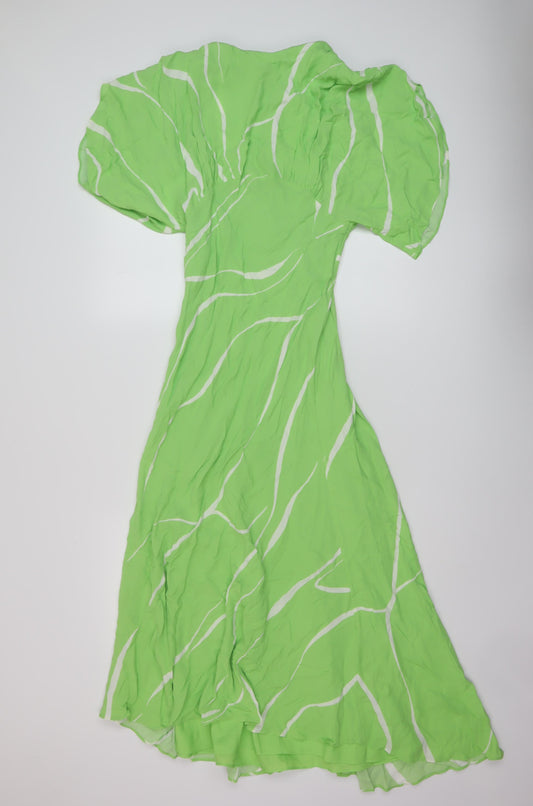 Front view of Autograph women’s green geometric viscose a-line, size UK 8, round neck zip