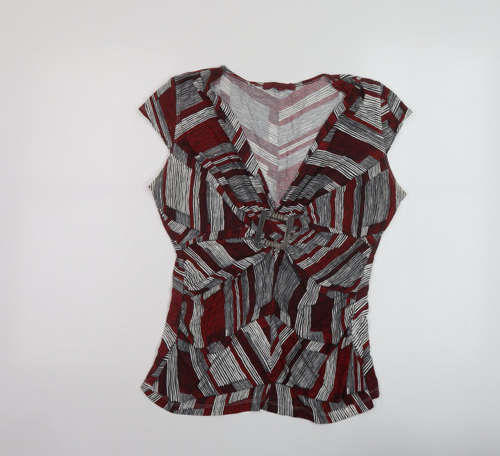 John Richmond Womens Red Geometric Viscose Basic Blouse Size 16 V-Neck