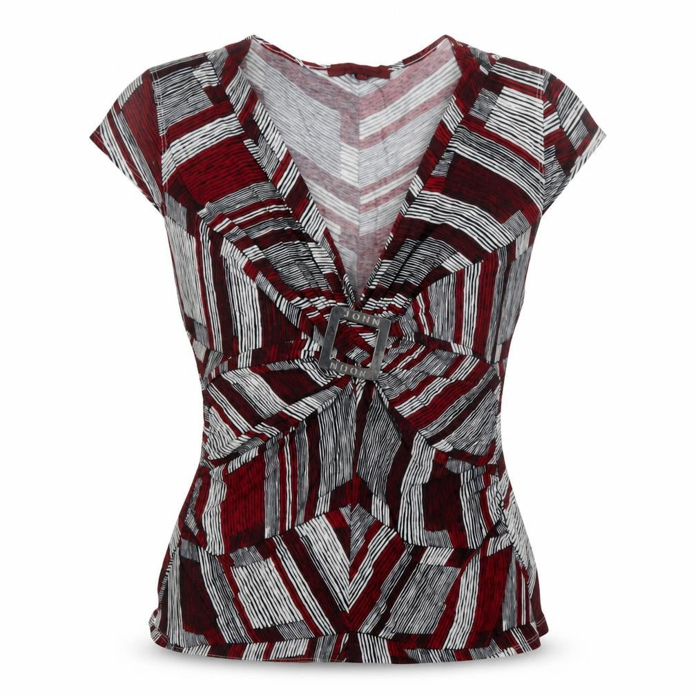 Front view of John Richmond women’s red geometric viscose basic blouse, size UK 16, v-neck