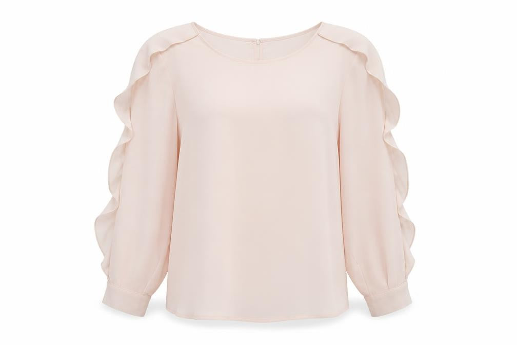Front view of Marks & Spencer women’s pink polyester basic blouse, size UK 14, round neck