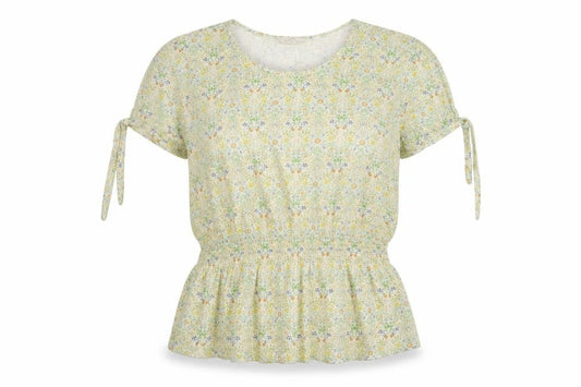 Front view of Fat women’s green floral cotton basic t-shirt, size UK 12, round neck