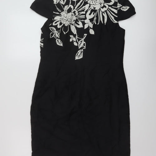 Oasis Womens Black Geometric Silk Sheath Size 10 Round Neck Zip