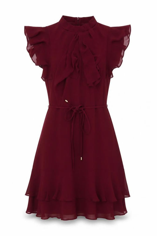 Front view of Oasis women’s red polyester a-line, size UK 10, mock neck zip