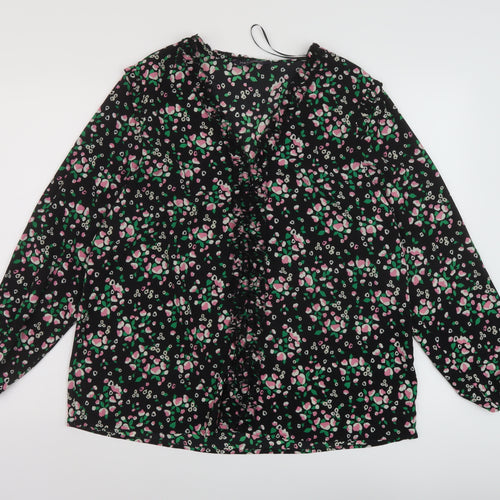 Marks and Spencer Womens Black Floral Polyester Basic Blouse Size 16 V-Neck