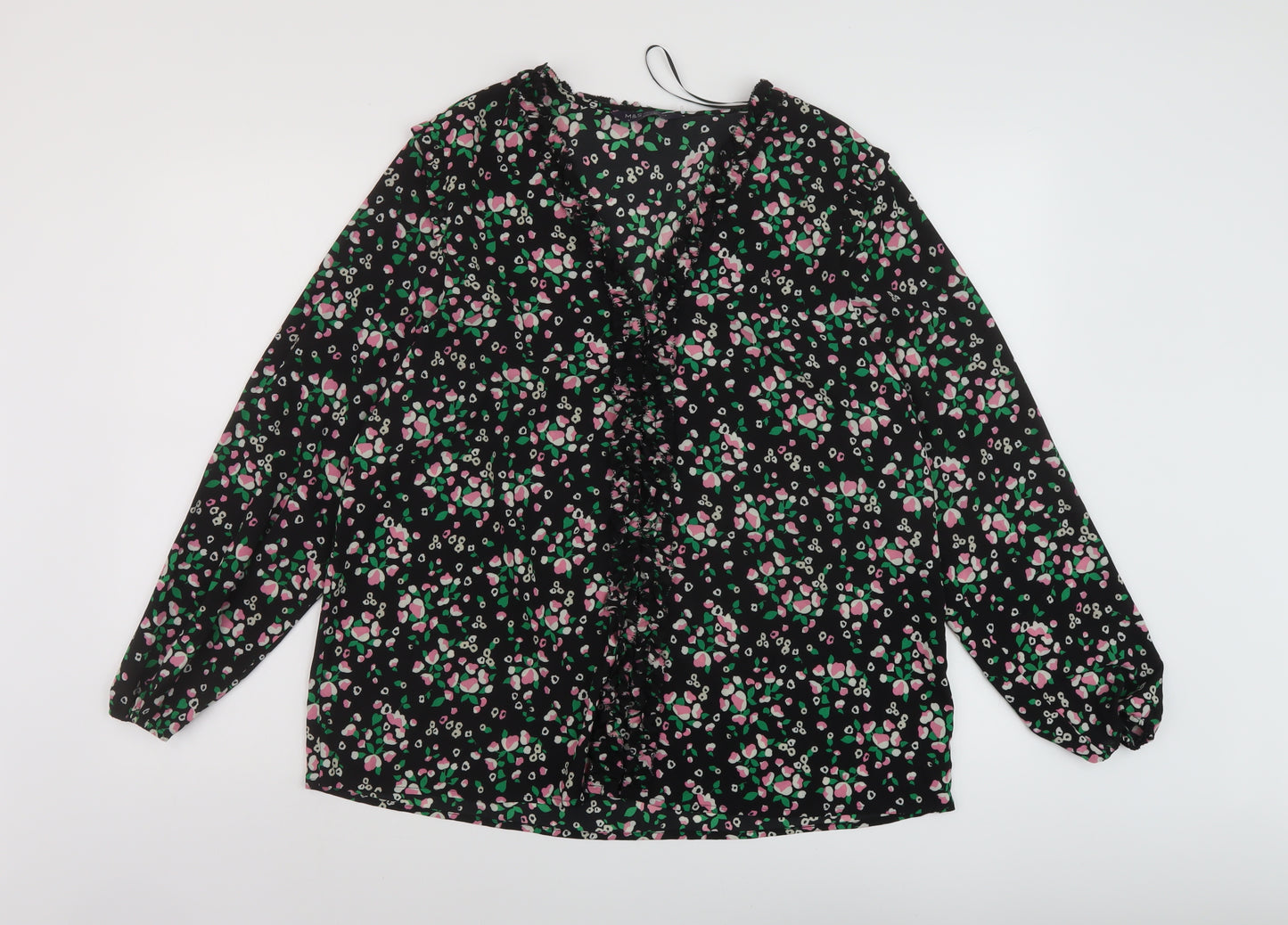 Marks and Spencer Womens Black Floral Polyester Basic Blouse Size 16 V-Neck